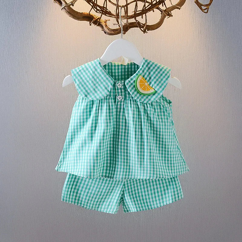 2025 Baby Girl Summer Clothes Sets Infant Kid Cute Fruit Cotton Girls Plaid Sweet Princess 2pcs Suit Children's Clothing Clothes