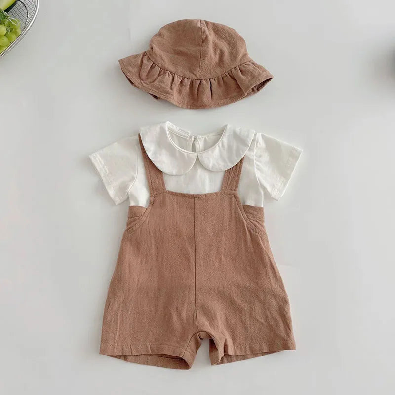 2025 New Summer Toddler Baby Boys Girl Clothes Suit Short Sleeved Cotton T-shirt Sleeveless Jumpsuit+Hat 0-3Yrs Children Clothes