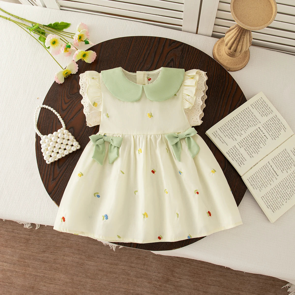 Baby Girl Clothing Summer Bow And Floral Pattern Doll Neck Girl Kid's Dress Cute Gentle Casual Baby Girl Dress