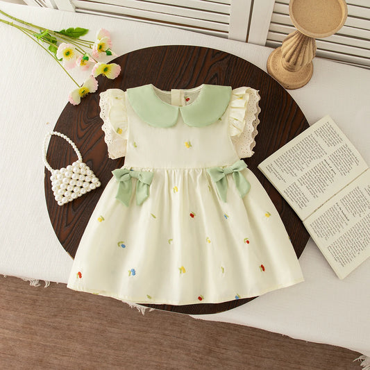 Baby Girl Clothing Summer Bow And Floral Pattern Doll Neck Girl Kid's Dress Cute Gentle Casual Baby Girl Dress
