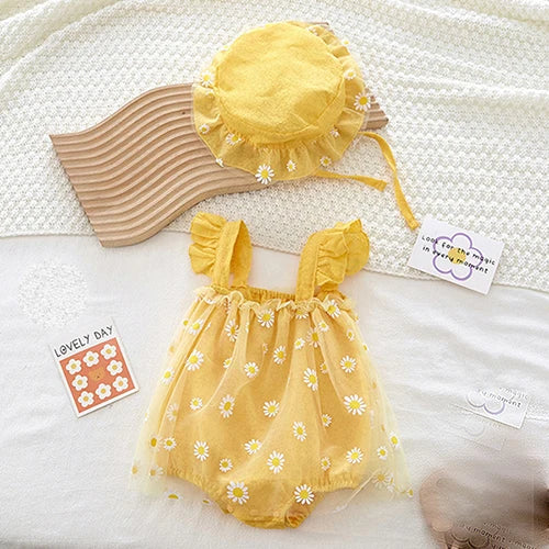 Summer Baby Girl Clothing Infant Baby Girls Jumpsuit+Hat Fly Sleeve Cotton Printing Mesh Splicing Toddler Baby Girl Romper