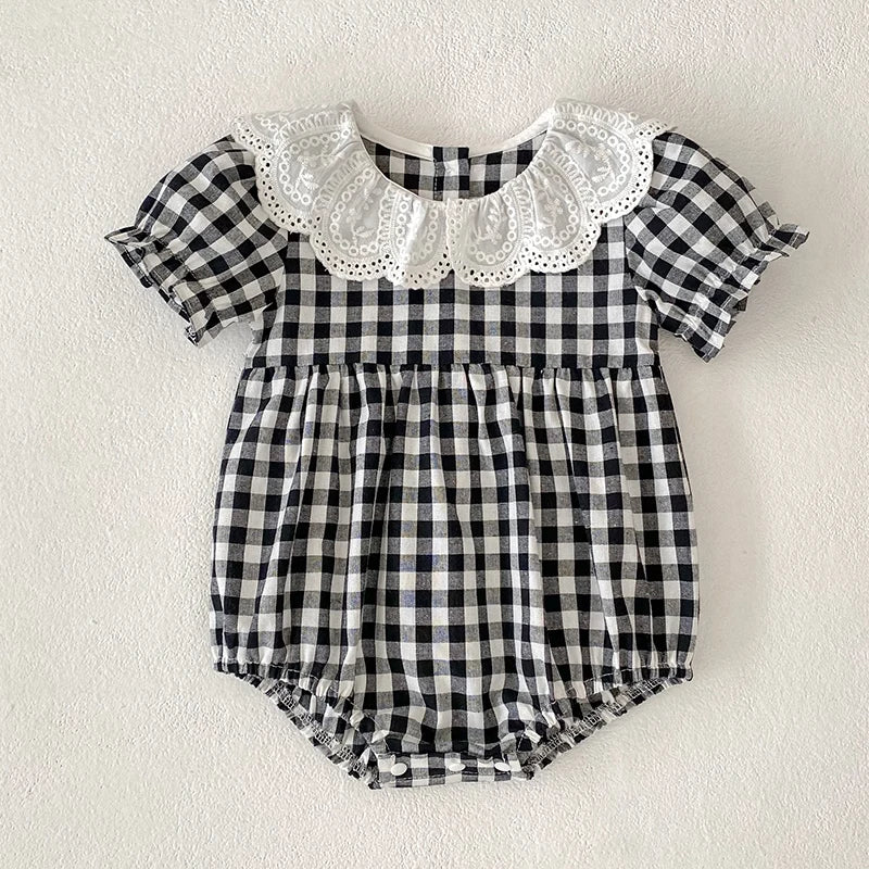 Fashion Clothing Summer Girls Jumpsuits Toddler Infant Baby Girl Short Sleeve Doll Collar Plaid Button Romper Jumpsuit Outfit
