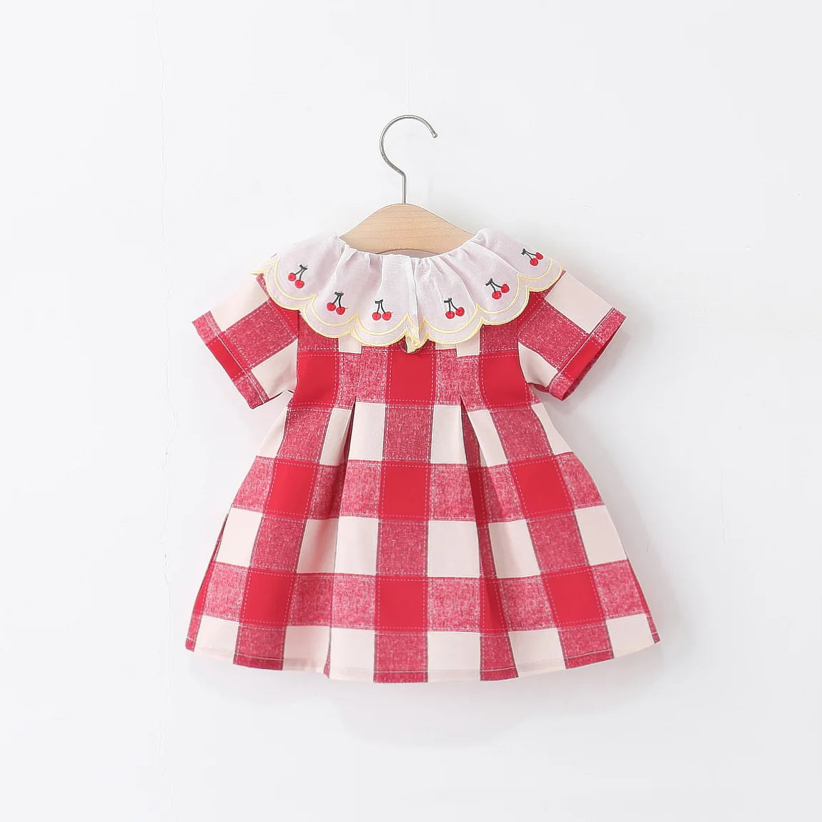 Baby Girl Dress Summer Red Checkered Cotton Short Sleeved Girl Dress Cute Cherry Embroidery Girl Dress