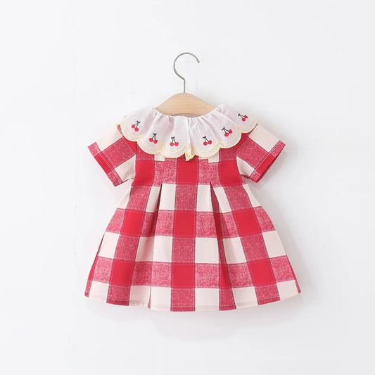 Baby Girl Dress Summer Red Checkered Cotton Short Sleeved Girl Dress Cute Cherry Embroidery Girl Dress