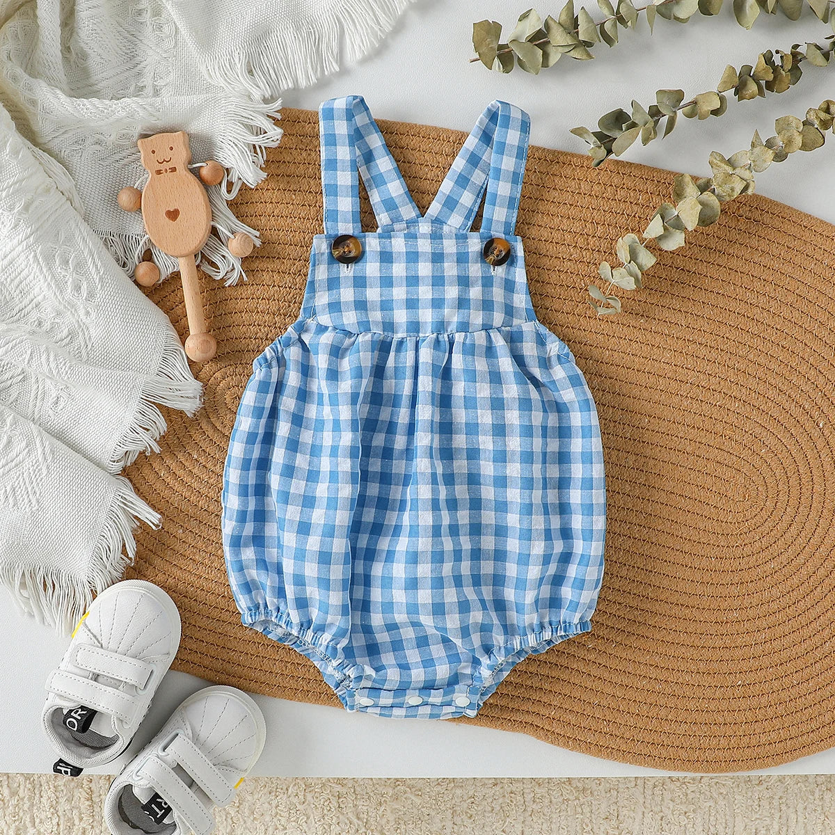 Suspenders Baby Boys Sleeveless Summer Plaid Green jumpsuit Japan&Korean Streetwear)