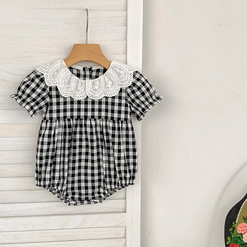 Fashion Clothing Summer Girls Jumpsuits Toddler Infant Baby Girl Short Sleeve Doll Collar Plaid Button Romper Jumpsuit Outfit