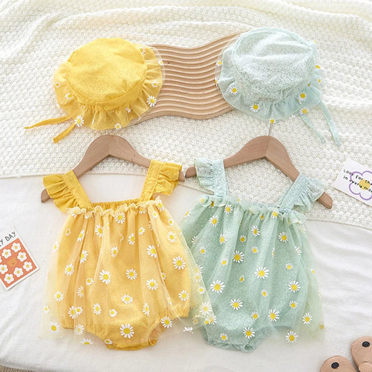 Summer Baby Girl Clothing Infant Baby Girls Jumpsuit+Hat Fly Sleeve Cotton Printing Mesh Splicing Toddler Baby Girl Romper