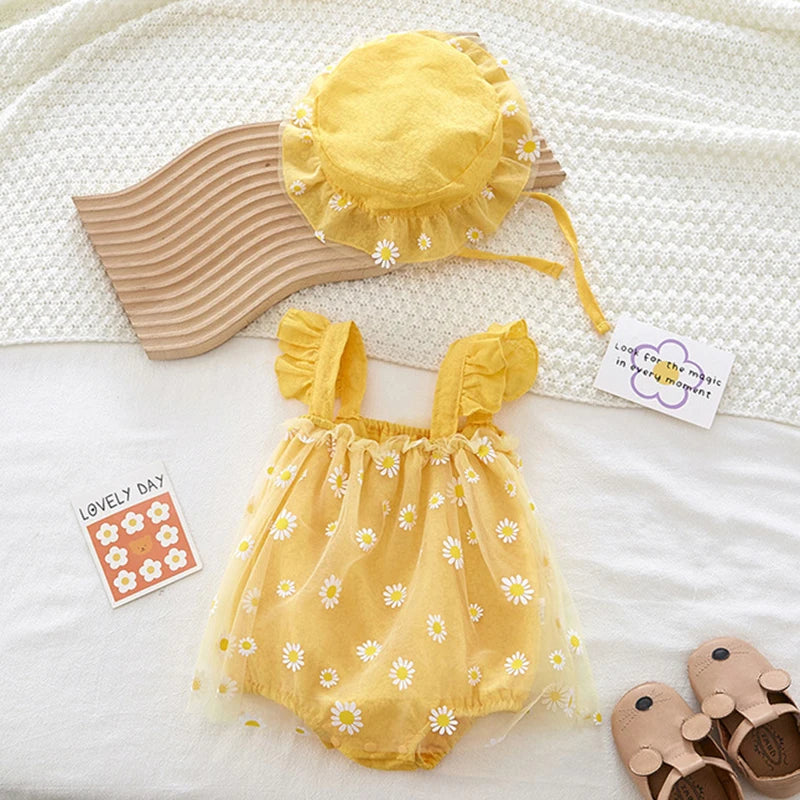 Summer Baby Girl Clothing Infant Baby Girls Jumpsuit+Hat Fly Sleeve Cotton Printing Mesh Splicing Toddler Baby Girl Romper