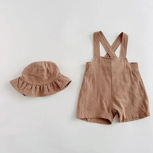 2025 New Summer Toddler Baby Boys Girl Clothes Suit Short Sleeved Cotton T-shirt Sleeveless Jumpsuit+Hat 0-3Yrs Children Clothes