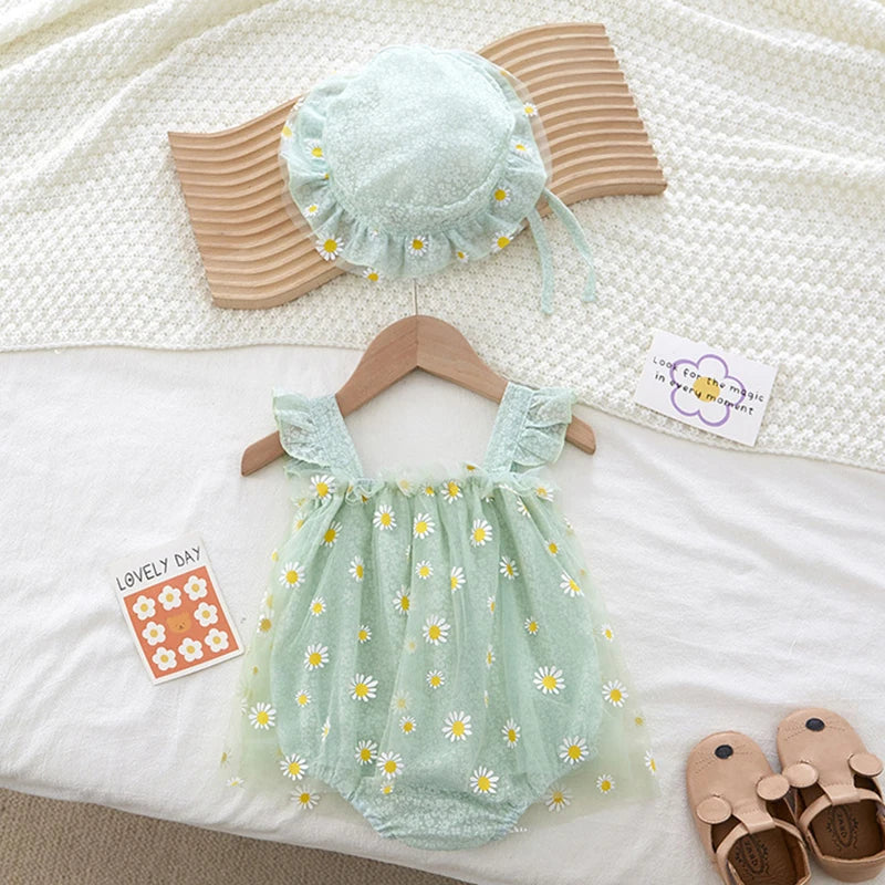 Summer Baby Girl Clothing Infant Baby Girls Jumpsuit+Hat Fly Sleeve Cotton Printing Mesh Splicing Toddler Baby Girl Romper
