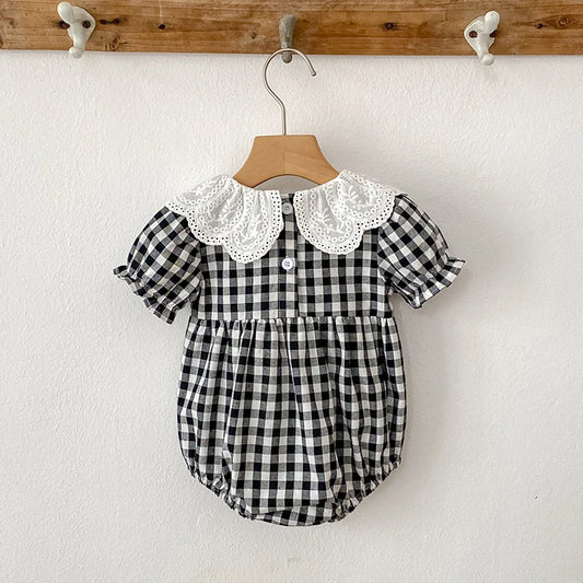 Fashion Clothing Summer Girls Jumpsuits Toddler Infant Baby Girl Short Sleeve Doll Collar Plaid Button Romper Jumpsuit Outfit