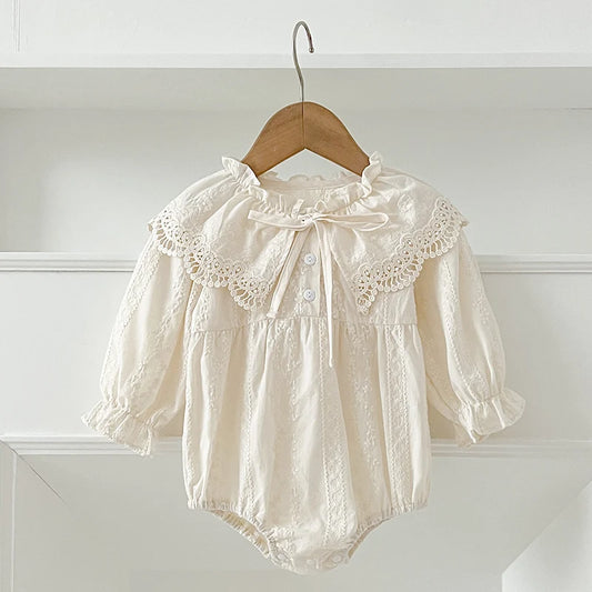 Newborn Bodysuit 0-2Yrs Clothes Fashion Baby Romper Lace Peter Pan Collar Princess Bow Romper Long Sleeves Infant Girl Jumpsuit