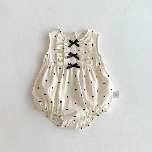 New Korean Japanese Polka Dot Newborn Baby Girl Romper Sleeveless Bow Infant Outfit Bodysuit 0-24M Loose Style Baby Jumpsuit