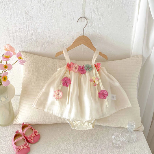 Summer Suspenders Bodysuit for Baby Girls 0-2Y Sweet Newborn Infant 3D Flower Onesie Dress 100 Days Infant Thin Style Clothing