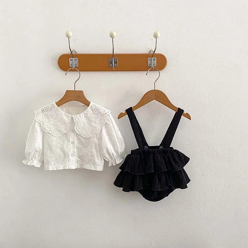 New Arrival 2pcs Toddler Baby Girls Princesss Suits for Newborns Peter Pan Collar Shirts and Lace Skirt Bodysuit Infant Girl Set