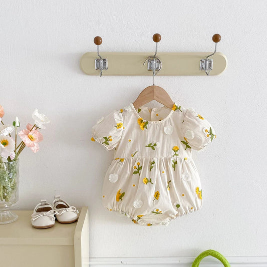 Pastoral Girls Baby Embroidered Floral Romper Short Sleeved Sunflower Infant Jumpsuit Toddler Newborn One Piece Baby Clothing