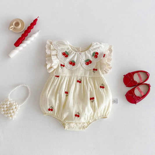 0-2 Y Baby Clothes Lace Collar Bodysuit Cherry Embroidery Baby Bodysuit & One Piece Infant Birthday Clothing