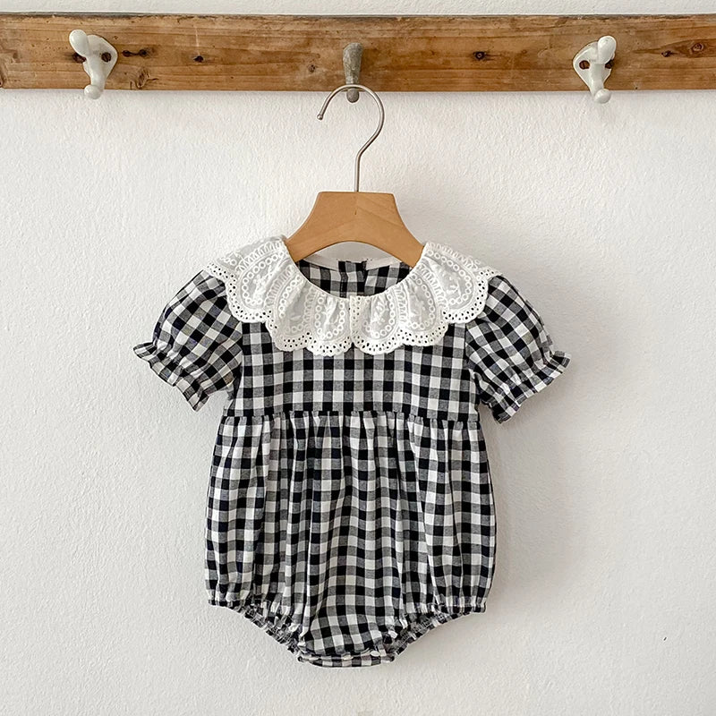 Fashion Clothing Summer Girls Jumpsuits Toddler Infant Baby Girl Short Sleeve Doll Collar Plaid Button Romper Jumpsuit Outfit