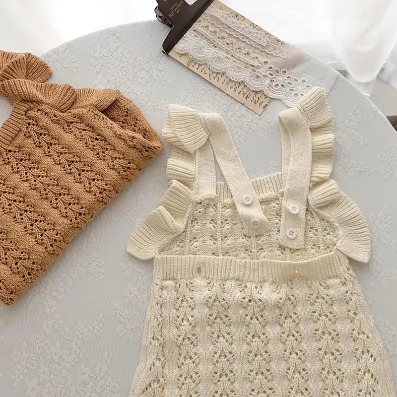 Autumn Spring Children Clothes Toddler Baby Girl Romper Sleeveless Solid Color Hollowed Out Knitting Infant Baby Girls Jumpsuit