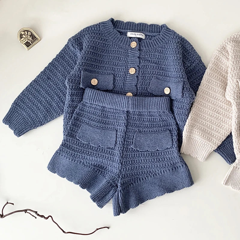 Autumn Girls Knit Suit Winter Toddlers Girls Knitted Sets Cardigan Sweater Shorts 2pcs KoreanBaby Kids Princess Outfits Suits