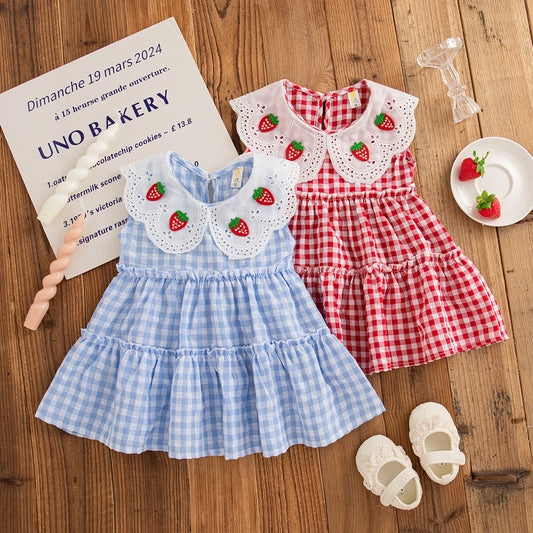 Cute Strawberry Petal Lapel Baby Girl Dress, Summer New Small Plaid Children'S Sleeveless Clothes For Babies Aged 6-24 Months