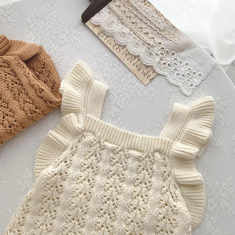 Autumn Spring Children Clothes Toddler Baby Girl Romper Sleeveless Solid Color Hollowed Out Knitting Infant Baby Girls Jumpsuit