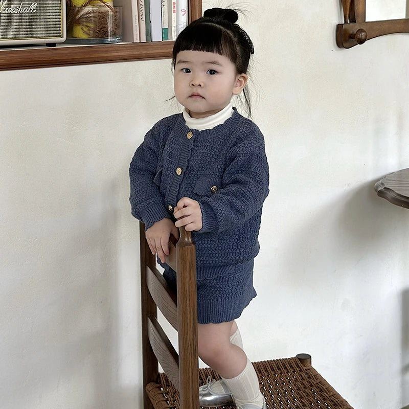 Autumn Girls Knit Suit Winter Toddlers Girls Knitted Sets Cardigan Sweater Shorts 2pcs KoreanBaby Kids Princess Outfits Suits