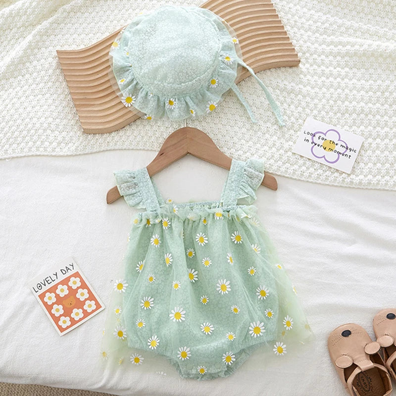 Summer Baby Girl Clothing Infant Baby Girls Jumpsuit+Hat Fly Sleeve Cotton Printing Mesh Splicing Toddler Baby Girl Romper
