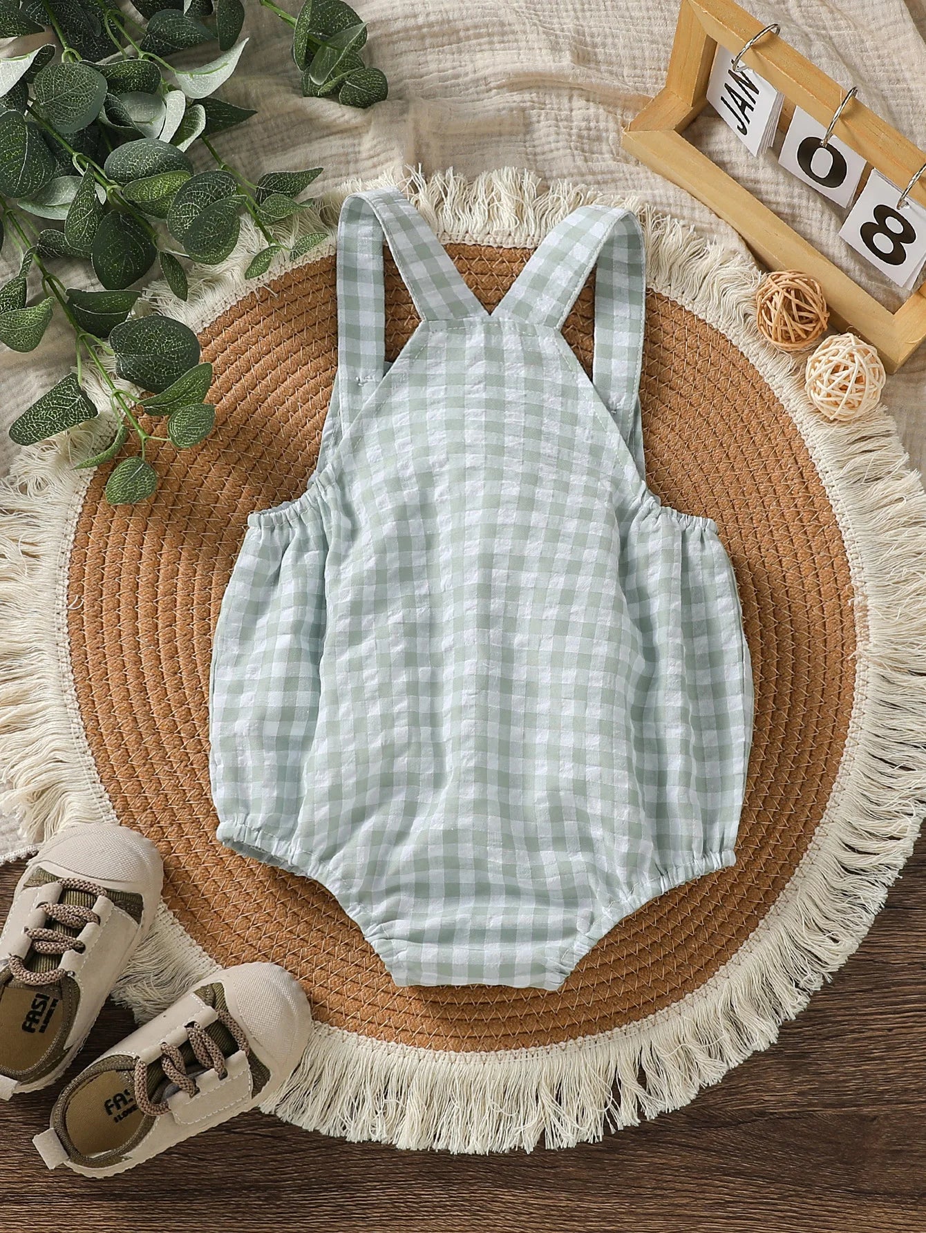 Suspenders Baby Boys Sleeveless Summer Plaid Green jumpsuit Japan&Korean Streetwear)