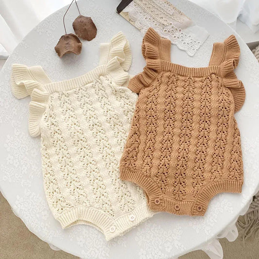 Autumn Spring Children Clothes Toddler Baby Girl Romper Sleeveless Solid Color Hollowed Out Knitting Infant Baby Girls Jumpsuit