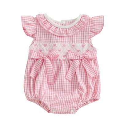 0-18M Newborn Baby Girl Summer Outfit Bow Smocked Bubble Romper Doll Collar Plaid Bodysuit Fly Sleeve Jumpsuit Clothes