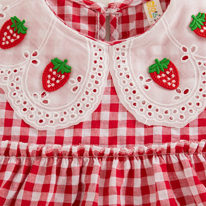 Cute Strawberry Petal Lapel Baby Girl Dress, Summer New Small Plaid Children'S Sleeveless Clothes For Babies Aged 6-24 Months