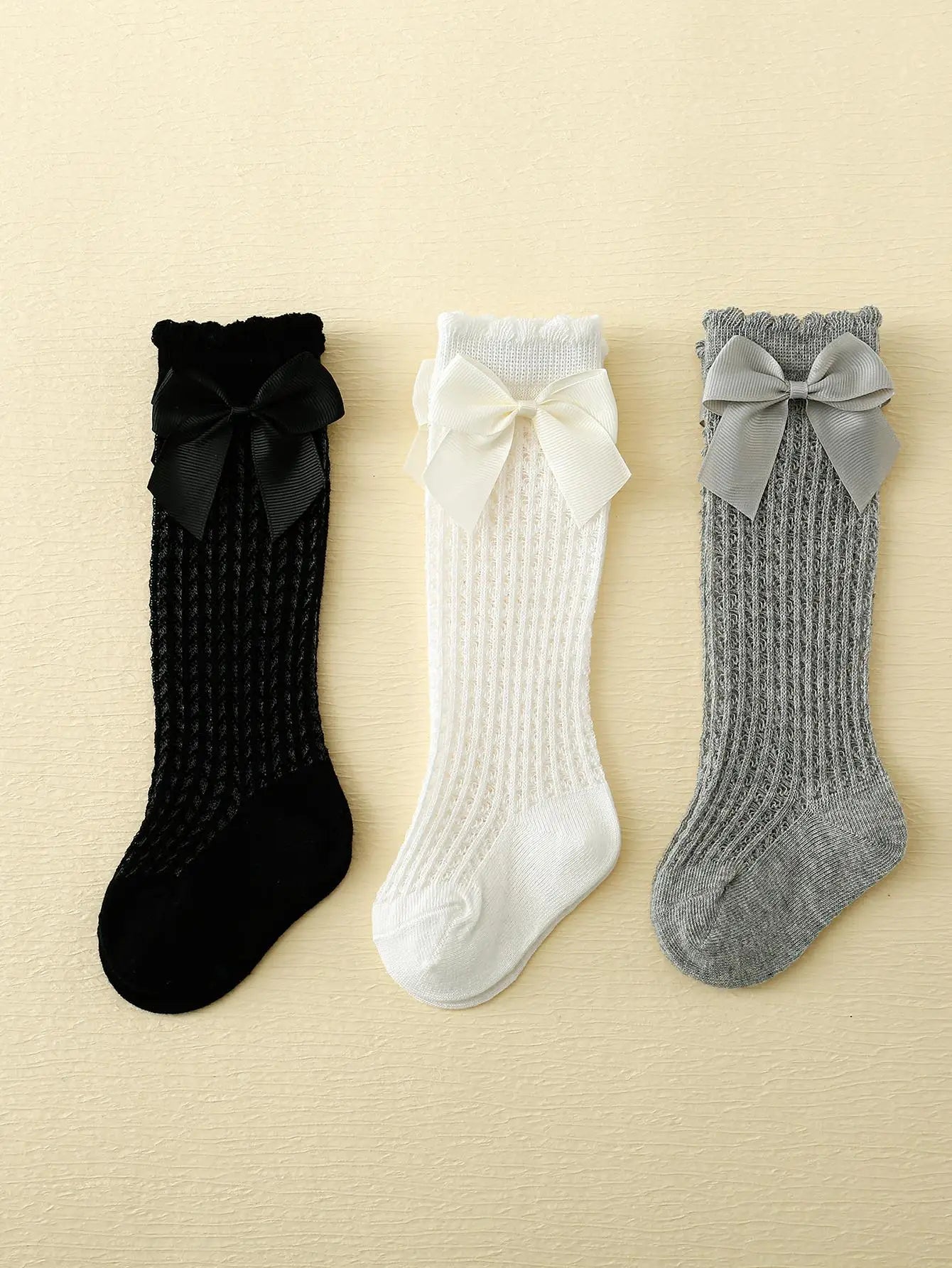 3 Pairs of Baby Girls Socks With Bownots Summer Mesh Lace Anti-Mosquito Kids Knee Socks Princess Long Socks For 0-6 Years Infant