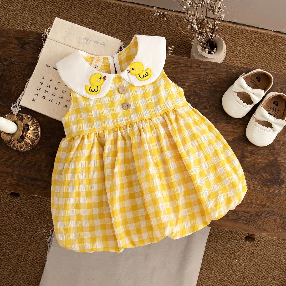 Baby Girl Dresses Summer New Sleeveless Sweet Casual Dresses For Girls Plaid Lapel Duck Embroidery Baby Clothes