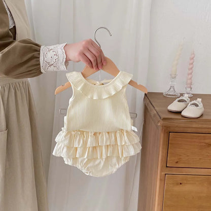 Korea Style Baby Blouses with Skirt 2pcs Sleeveless Ruffle Collar Tops with Shorts Baby Girl Princess Puff Skirt Sets