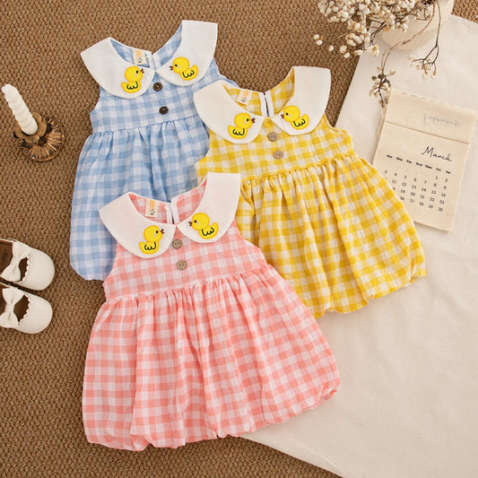 Baby Girl Dresses Summer New Sleeveless Sweet Casual Dresses For Girls Plaid Lapel Duck Embroidery Baby Clothes