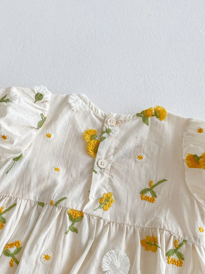 Pastoral Girls Baby Embroidered Floral Romper Short Sleeved Sunflower Infant Jumpsuit Toddler Newborn One Piece Baby Clothing