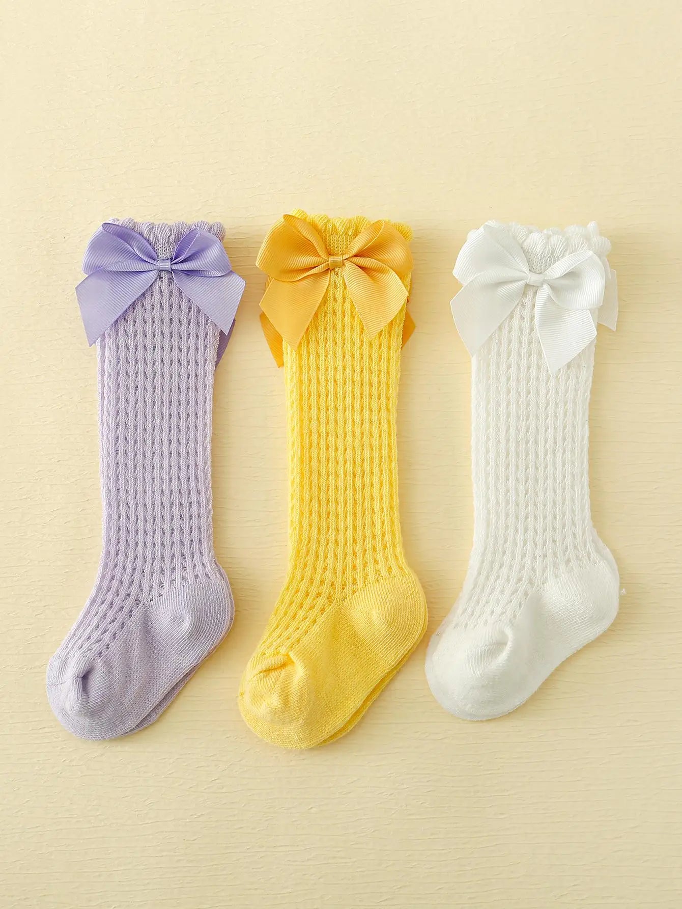 3 Pairs of Baby Girls Socks With Bownots Summer Mesh Lace Anti-Mosquito Kids Knee Socks Princess Long Socks For 0-6 Years Infant