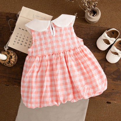 Baby Girl Dresses Summer New Sleeveless Sweet Casual Dresses For Girls Plaid Lapel Duck Embroidery Baby Clothes