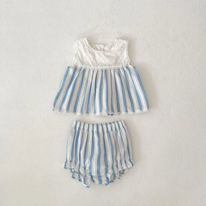 Summer new 0-3 year old baby clothing, baby girl set, striped patchwork sleeveless top+shorts