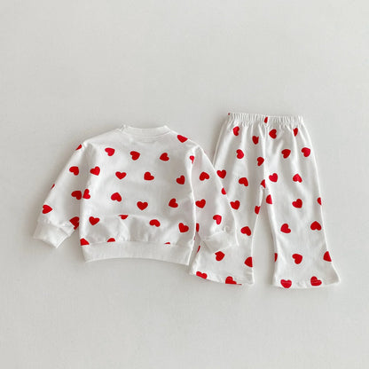 2025 Fall Toddler Girls Heart Print Sweatshirt Set Sweet Vintage Long Sleeve Flared Pants 2-Piece Girls Outfit Clothing Suit