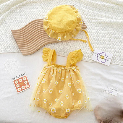 Summer Baby Girl Clothing Infant Baby Girls Jumpsuit+Hat Fly Sleeve Cotton  Printing Mesh Splicing Toddler Baby Girl Romper