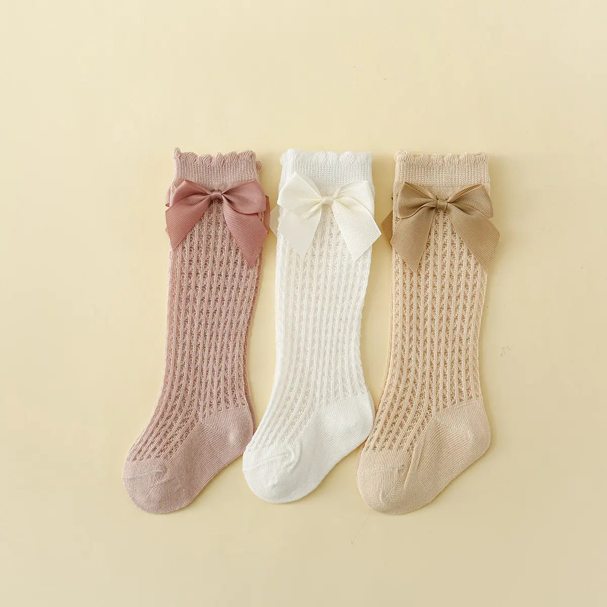 3 Pairs of Baby Girls Socks With Bownots Summer Mesh Lace Anti-Mosquito Kids Knee Socks Princess Long Socks For 0-6 Years Infant