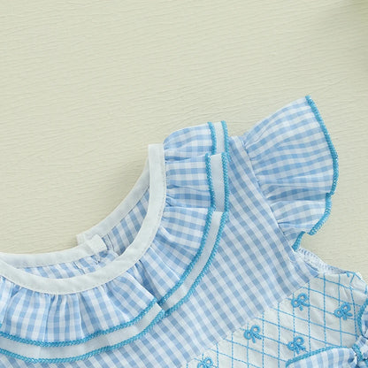 0-18M Newborn Baby Girl Summer Outfit Bow Smocked Bubble Romper Doll Collar Plaid Bodysuit Fly Sleeve Jumpsuit Clothes