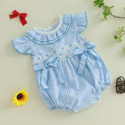 0-18M Newborn Baby Girl Summer Outfit Bow Smocked Bubble Romper Doll Collar Plaid Bodysuit Fly Sleeve Jumpsuit Clothes