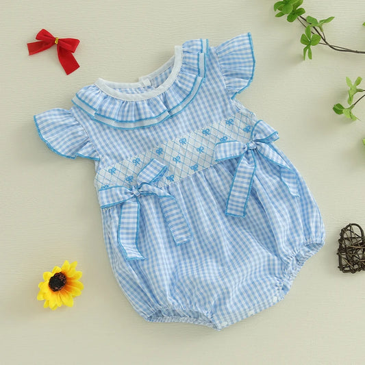 0-18M Newborn Baby Girl Summer Outfit Bow Smocked Bubble Romper Doll Collar Plaid Bodysuit Fly Sleeve Jumpsuit Clothes