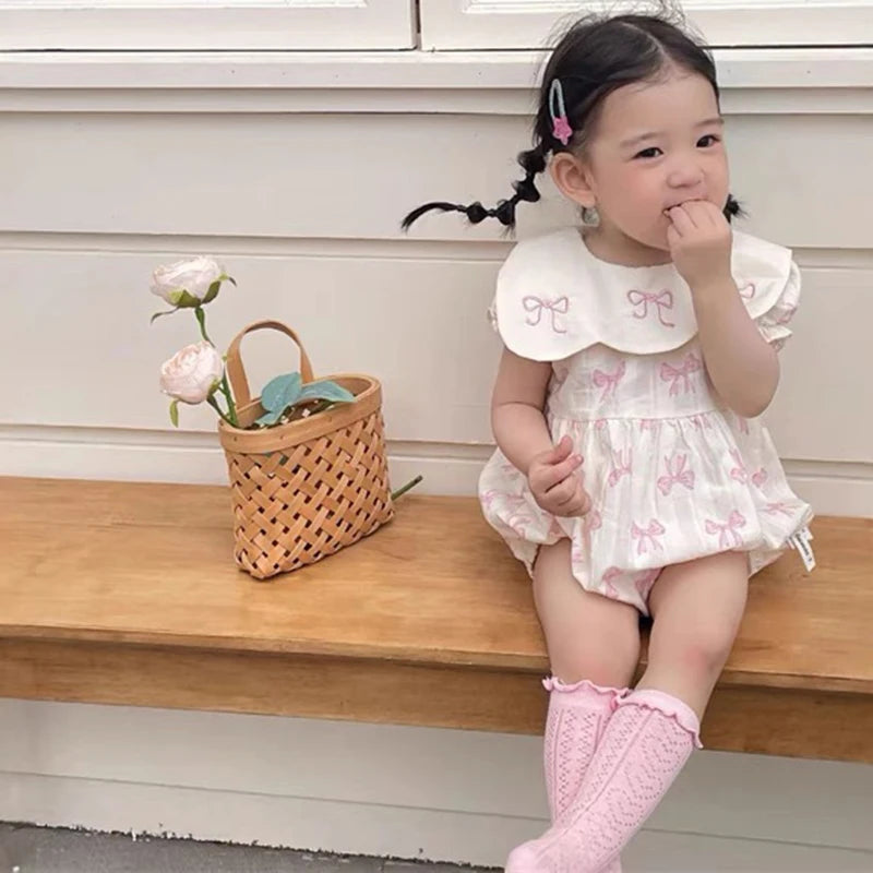 Summer Cotton Baby Bodysuit Newborn Clothing Pink Princess Baby Girls Princess Bodysuit Embroidered Bow Infant Girls Bodysuits