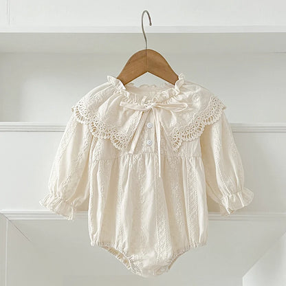 Newborn Bodysuit 0-2Yrs Clothes Fashion Baby Romper Lace Peter Pan Collar Princess Bow Romper Long Sleeves Infant Girl Jumpsuit