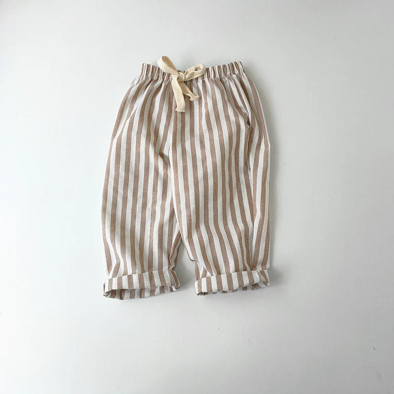 Children's Clothing Vintage Linen Cotton Stripe Pants Baby Boy Girl Casual Shorts Spring Summer Girls Loose Trousers and Shorts