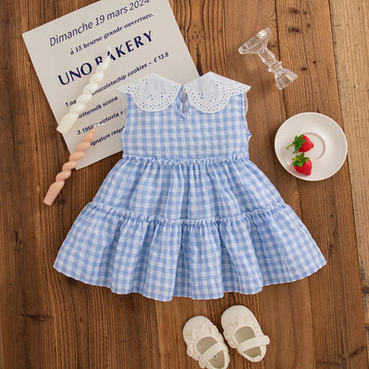 Cute Strawberry Petal Lapel Baby Girl Dress, Summer New Small Plaid Children'S Sleeveless Clothes For Babies Aged 6-24 Months